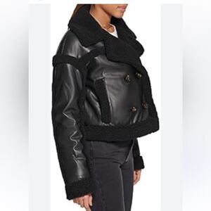 NWT $200 original. Levi's Black Faux Leather Jacket with Shearling Trim